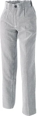 A pair of chef's pants with a black and white checkered pattern.