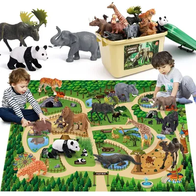 Zdjęcie produktu dla Figurki zwierząt - 12 sztuk - Mata do zabawy - 145x98 cm - Zabawki edukacyjne - Zwierzęta dżungli - Pudełko do przechowywania - Wczesna edukacja - Zestaw zabawek