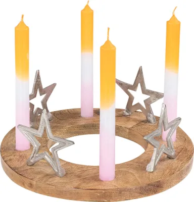 Produktbild von Adventskranz Stabkerzen ø30cm Mango Holz Silber Natur Kerzenhalter Sterne Weihnachten Weihnachtsdeko Kerzenständer Tischdeko Deko