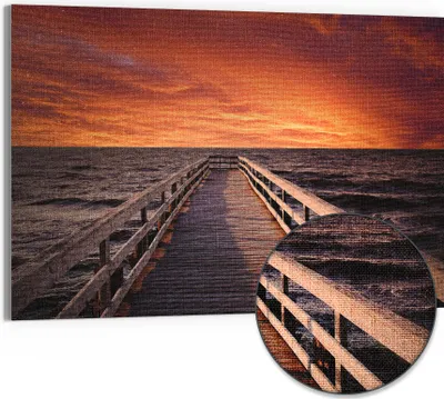 Produktbild von DEQORI Hybrid Leinwand Bild 90x60 cm 'Steg ins Abendrot' Wandbild Glas flach modern