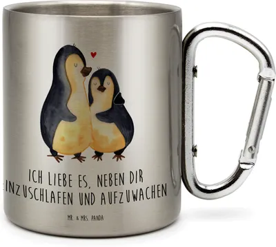 Produktbild von Mr. & Mrs. Panda Edelstahlbecher Pinguine Einschlafen - Transparent - Geschenk, Edelstahltasse, Campingtasse, Mitbringsel, Teetasse, Trinkbecher Edelstahl, Hochzeitstag