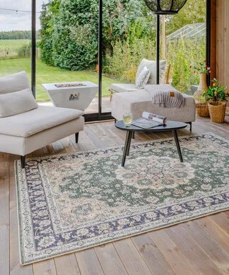 Zdjęcie produktu dla Unyqoos® Vintage Outdoor - dywan zewnętrzny Valenca Nova – ciemnozielony, 160 x 230 cm, możliwość prania, wykonany z materiału 3D-Mesh, do użytku wewnątrz i na zewnątrz