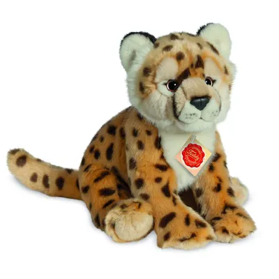 A plush toy cheetah sitting on a white background.