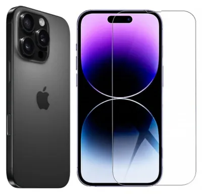 A dark gray iPhone is shown from the back on the left, and a screen protector is shown on the right, placed over a phone screen displaying a purple gradient.