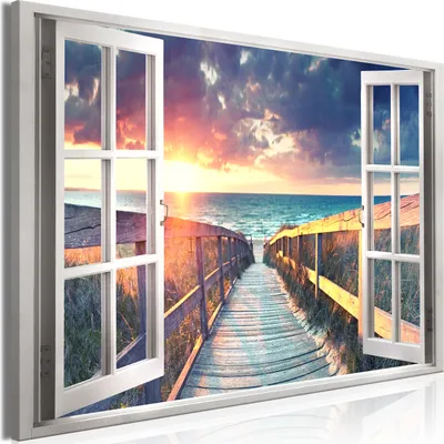 Produktbild von Modernes Wandbild Fensterblick 90x60 - 1 Teile Bilder Fotografie auf Vlies Leinwand Foto Bild Dekoration Wand Bilder Kunstdruck Meer Sonnenuntergang c-C-0299-b-a