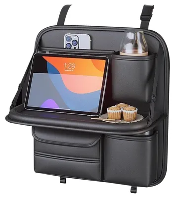 Productafbeelding van Autostoel organizer met opklaptafel, opbergtas voor de achterbank, rugleuningbeschermer, zwart, 42x42 cm