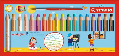 Produktbild von Buntstift, Wasserfarbe & Wachsmalkreide - STABILO woody 3 in 1 - 18er Pack mit Spitzer und Pinsel - mit 18 verschiedenen Farben
