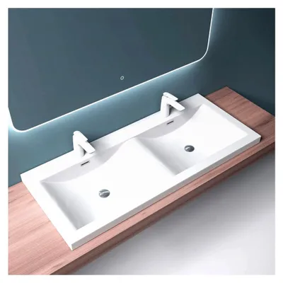 Produktbild von Einbauwaschbecken mit 2 Becken aus Mineralguss rechteckig 2 Armaturenlöcher Überlauffunktion BxTxH 120x48x14 cm