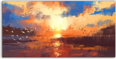 Produktbild von Coloray Acrylbild 140x70  Wandbild Acrylbilder Gemälde mit Sonnenuntergang am See