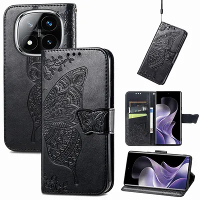 Produktbild von Für Xiaomi Redmi Note 14 Pro 5G Kunstleder Wallet Handy Tasche Schmetterling Design Hülle Etuis Schwarz