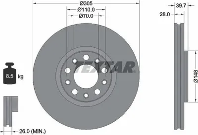 Produktbild von 2x TEXTAR Bremsscheibe 92293903 für FIAT 500X (334_) TORO (226_) 39 7mm 8 5kg