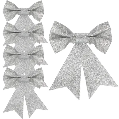 Zdjęcie produktu dla Świąteczne kokardki 13 x 11,5 cm, srebrne, zestaw 4 szt., dekoracje świąteczne