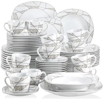 Image de VEWEET Service de table en porcelaine, 60 pièces service combiné, set de vaisselle avec service à café, set d'assiettes pour 12 personnes