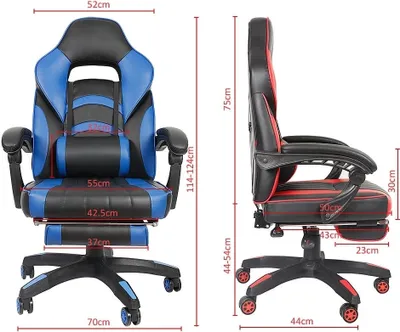 Produktbild von Gaming Drehstuhl schwarz/blau mit Fußstütze, 140° Neigung, höhenverstellbar