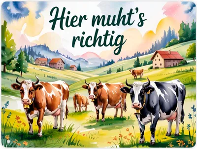 Produktbild von Alpenkühe Hier muht's richtig Metallschild XL in 21x28 cm