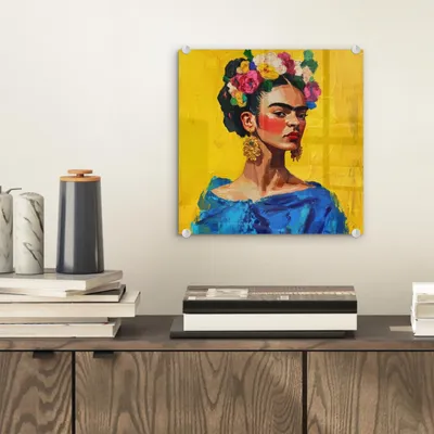 Produktbild von MuchoWow Glasbilder - Bilder auf Wandbild - Foto auf Glas Frida Kahlo - Frau - Gelb - Blau - Blumen 20x20 cm Wanddekoration aus Glas - Acrylglasbild - Acrylbilder - Bilder von Glas - Moderne
