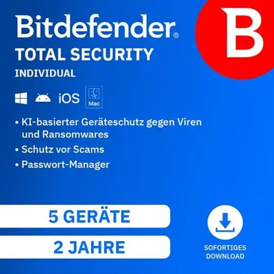 Produktbild von Bitdefender Total Security Individual / 5 Geräte / 2 Jahre / Lizenz per E-Mail