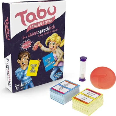 A product shot of the Tabu Familien Edition board game box and its components.