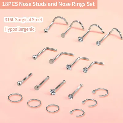 Produktbild von Nasenring Nasenpiercing 20G Set Chirurgenstahl L Förmig Nasenstecker Spirale mit Strass Piercing Nase Schmuck 18Stk Silber Farbe