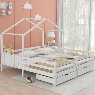 Image de OKWISH Lit Enfant Cabane 90x200 cm - Lit Mi-Hauteur avec Toit et Fenêtres, 2 Tiroirs MDF avec Roulettes, Pin Blanc - Sans Matelas