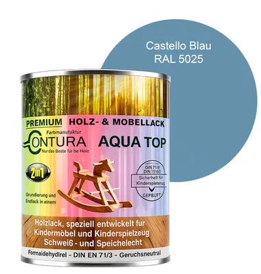 Produktbild von Contura 750ml. Möbellack Lack für Kinderspielzeug Buntlack DIN EN71/3 Buntlack Holzlack - RAL 5024 Castello Blau