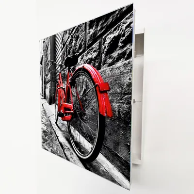 Produktbild von Schlüsselkasten Weiß Metall, Rotes Retro Fahrrad Motiv hinter Glas, Moderne Schlüsselbox linksöffnend, 32x28x6,5 cm, 20 Haken für Ordnung.