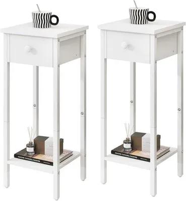 Obrázek produktu pro Sada 2 tenkých nočních stolků se zásuvkou a telefonním stolkem - ideální do malých pokojů 25 x 25 x 70 cm bílá TMJ417W-2
