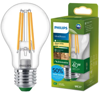 Produktbild von Philips Filament-Lampe, transparent, 40W A60 E27, 2,3 W, 40 W, E27, 485 lm, 50000 h