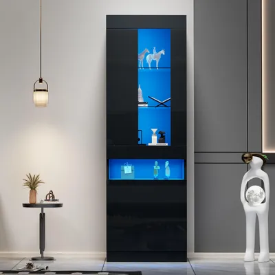 Produktbild von okwish LED - Vitrine Vitrinenschrank mit Glaskantenbeleuchtung und offener Stauraum,Bücherregal Aktenschrank Wohnzimmerschrank mit  4-stufige Ablageflächen,schwarz