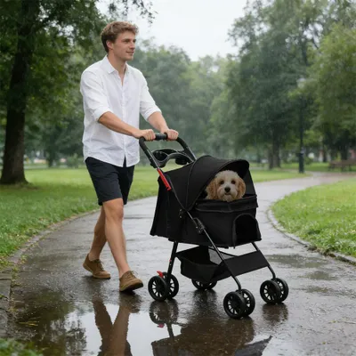 Produktbild von Hundewagen Haustiere Buggy, bis 15 kg, Hundebuggy mit Korb & Sonnenschutz,Faltbarer Katzenwagen, Katzenbuggy für kleine Hunde Katzen (Schwarz)
