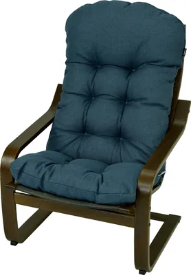 A blue cushion on a wooden chair.