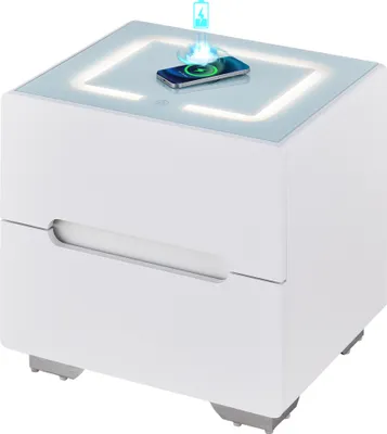 Produktbild von CLIPOP Nachttisch mit kabelloser Ladefunktion, Led Nachttisch, 2 Schubladen Kommode, Weiß