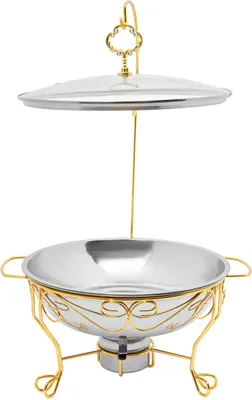 Obrázok produktu pre Bufetový ohrievač - Chafing dish - Okrúhly - Nerezová oceľ - Objem 6 litrov - Priehľadné sklenené veko - Držiak paliva - Nosnosť 3,5 kg - Strieborná