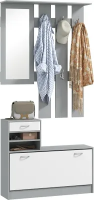 Image de Ensemble vestiaire pour couloir - Vestiaire avec miroir et rangement pour chaussures - 2 pièces - 6 crochets - Étagères et tiroir - Montage nécessaire - Gris foncé
