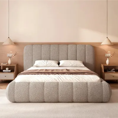 Obrázek produktu pro Postel Gallo 180x200 cm, béžová, s bouclé potahem – dvojlůžko s úložným prostorem, rošt a masivní čelo