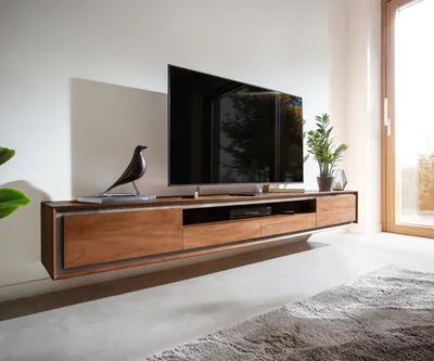 Produktbild von DELIFE Lowboard Stonegrace 240 cm Akazie Braun 2 Türen 2 Schubladen 1 Fach Steinfurnier Schwebend