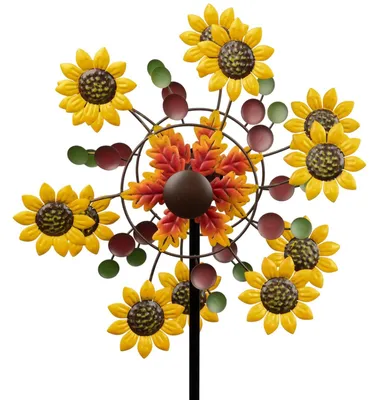 Produktbild von Windrad Sonnenblume Garten Metall bunt  kugelgelagert Windspiel Ø 32 cm / 124 cm