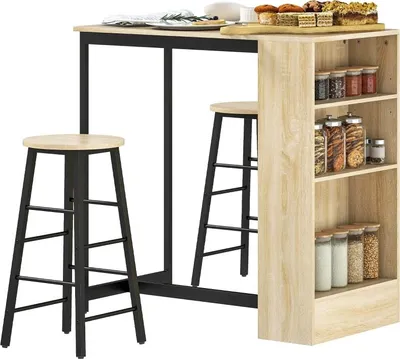 Produktbild von Fortuna Lai Bartisch mit Barhocker Set, 3-tlg. Bartisch-Set mit Küchentisch, Stauraum, 2 Hocker, Fußstützen, im Modern-Stil, Platzsparend Essgruppe für Esszimmer, Küche, Stahl, Eiche