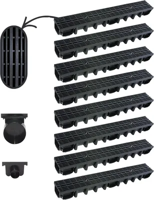 Produktbild von Megaa store 8m Entwässerungsrinne 98 mm – Komplettset A15 Kunststoffrinne Schwarz Linie Rostmuster Drainagerinne Bodenrinne