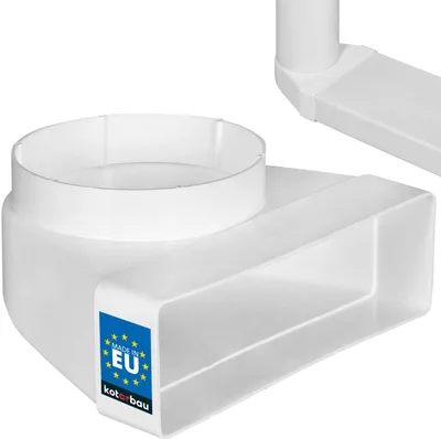 A white plastic ventilation duct connector with a blue and yellow EU label.