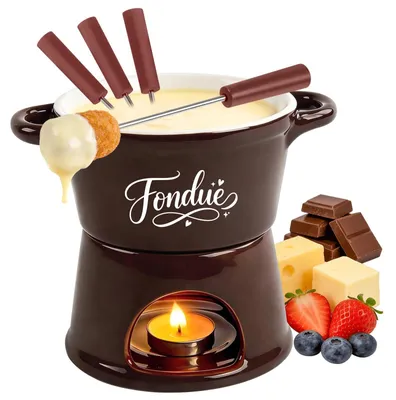 Produktbild von Ein Käsefondue-Set für Käse, Schokolade und Fleisch, in Braun