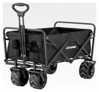 Produktbild von Faltbarer Bollerwagen 200L 160KG, Handwagen Transportwagen Klappbar mit Verstellbarem Griff & Seitentaschen, Breite Räder All-Terrain Strandwagen Gartenwagen Einkaufswagen, Schwarz
