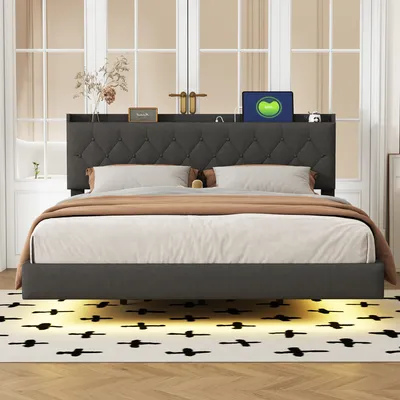Produktbild von MODFU Polsterbett 160x200cm mit LED-Beleuchtung und USB-Anschluss, Doppelbett mit Stauraumkopfteil, Grau(Ohne Matratze)