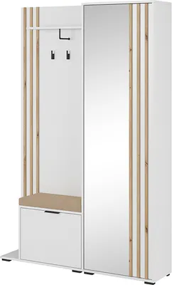 Produktbild von BETTSO Flurgarderobe Garderobe mit Spiegel und Kissen Flurmöbel mit Ablage und Schuhschrank für Flur Nelly Weiß mit Eiche Artisan Lamellen
