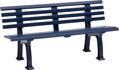 A dark blue park bench is shown against a white background.