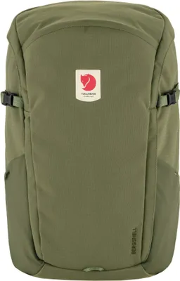 A green backpack is shown from the front against a white background.