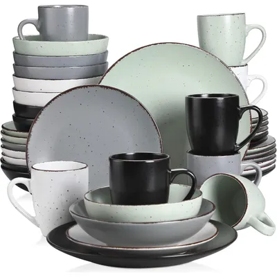 Productafbeelding van Servies voor op tafel, steengoed, 40-delig, combinatie set, vintage stijl, meerkleurig