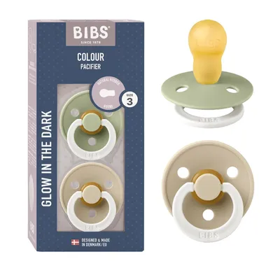 Produktbild von BIBS Colour Glow Schnuller 2er-Pack, BPA-frei. Leuchtet im Dunkeln, Kirschform Nippel. Naturkautschuk / Latex, Hergestellt in Dänemark, Größe 3 (18+ Monate), Sage Glow / Vanilla Glow