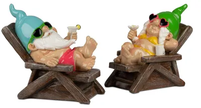 Produktbild von Formano 2er Set Gartenzwerg Liegestuhl lustige Gartenzwerge 26cm aus Kunststein