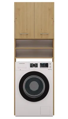 A washing machine with a cabinet above it, set against a white background.